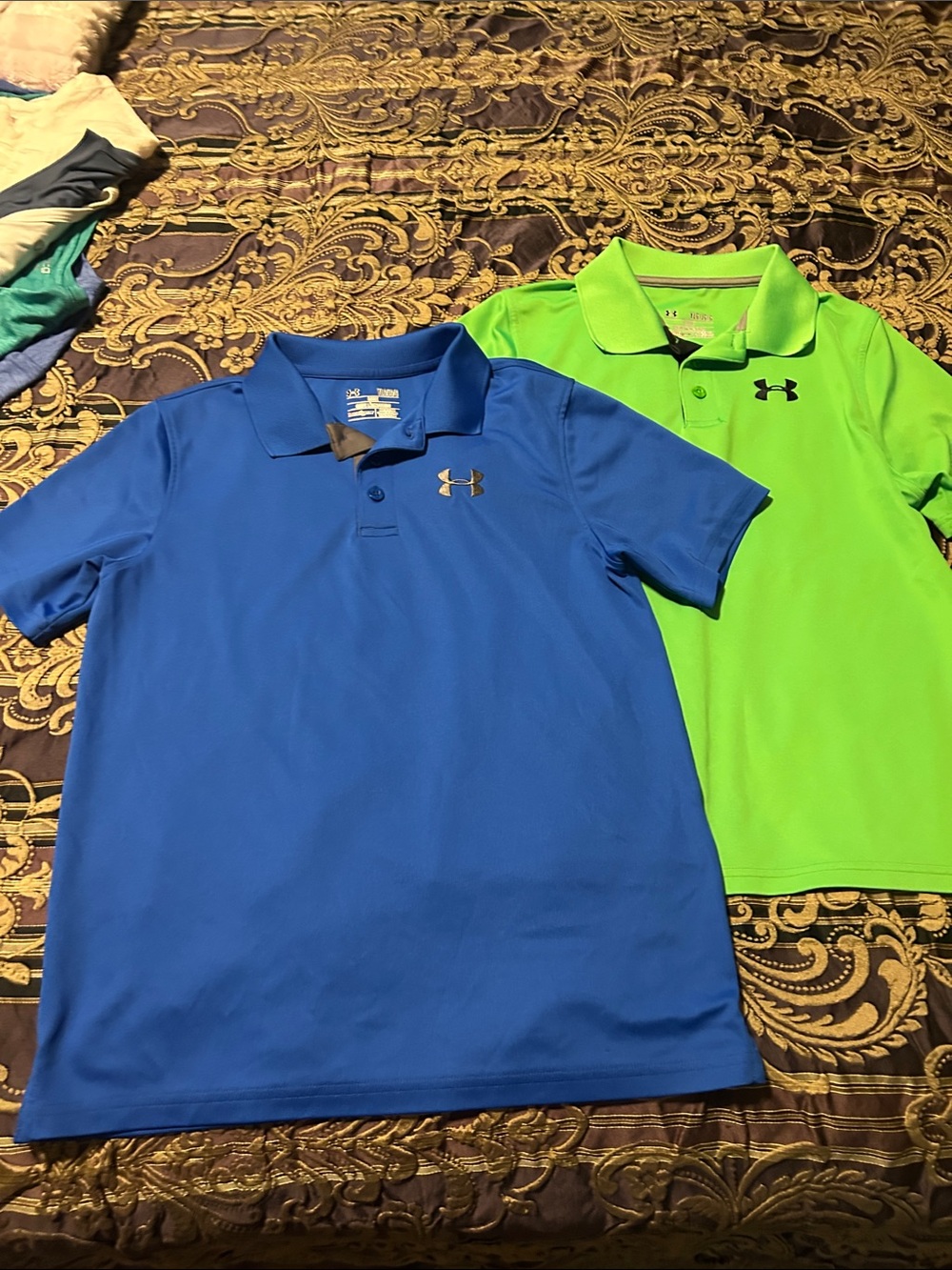 2 Under Armour Boys L Polo Shirts - Royal Blue w/gray & Neon Green w/black